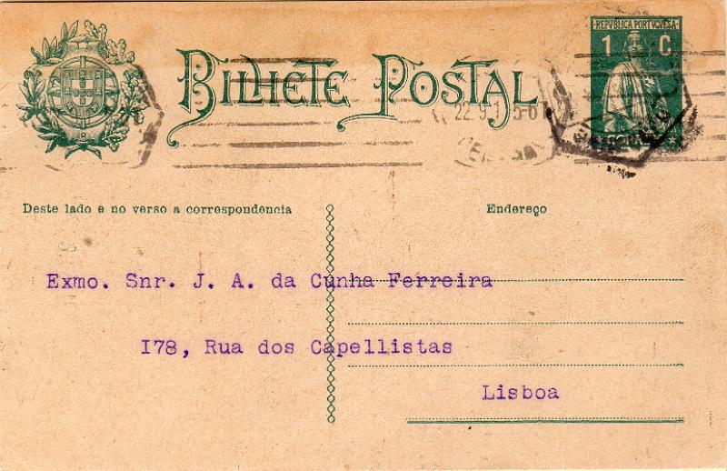 0383 f.jpg -     Lote:    383 (frente)                   Descrição:         1912 &mdash; Ceres. OM59, 1c verde-escuro. Circulado do Porto (21.09.16) para Lisboa (22.09.16). Repicado no verso por ""O COMÉRCIO DO PORTO". B e R.        IC       Valor Base:     &euro; 12,00     Valor Venda:     &euro;      